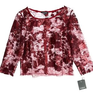 Sequin Mesh Lace Overlay‎ Bolero Jacket Sheer Burgundy Cardigan Womens L NWT $89